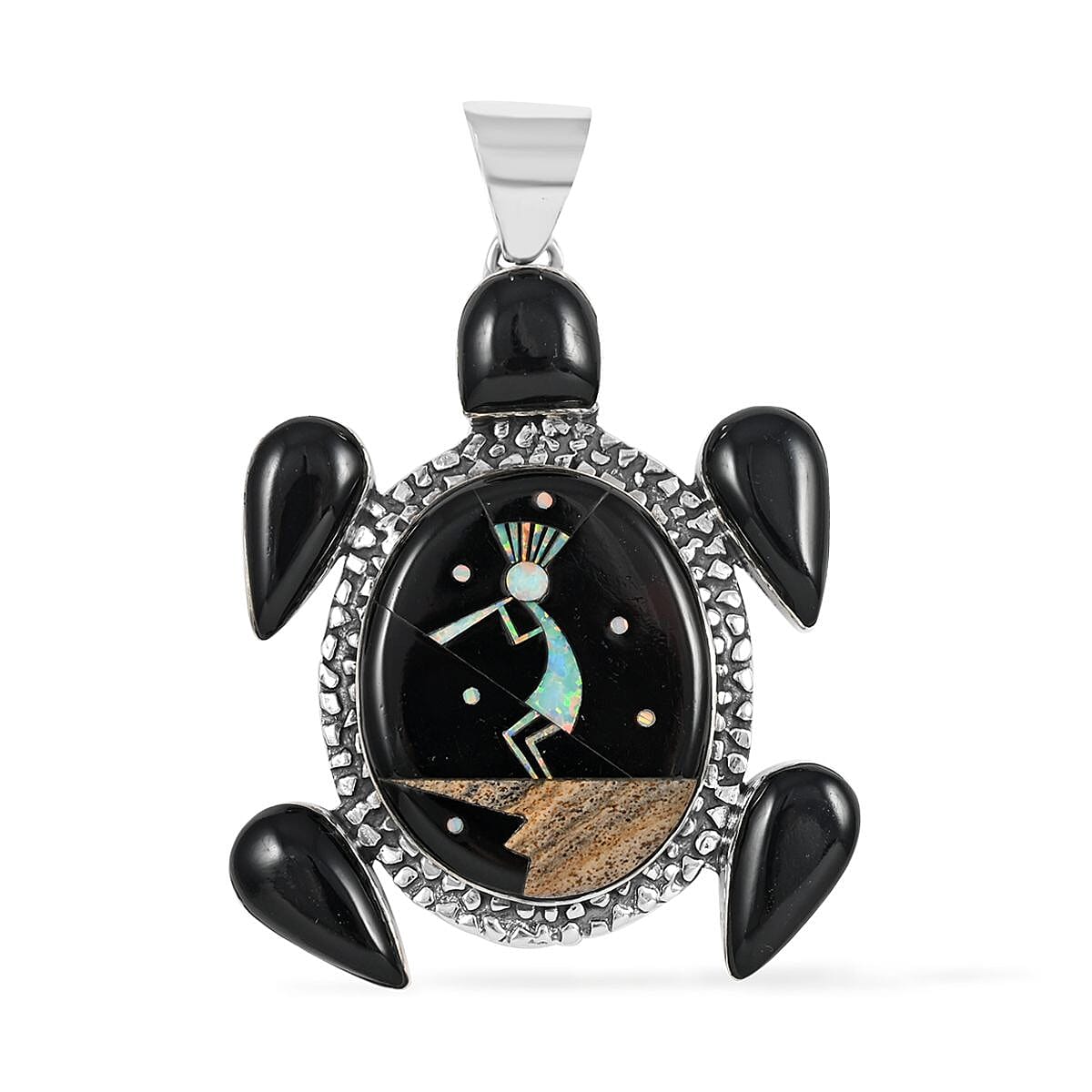 Santa Fe Style Black Onyx, Multi Gemstone Turtle Pendant without Chain with Kokopelli in Sterling Silver 5.00 ctw image number 0