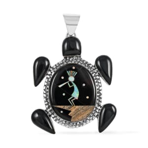 Santa Fe Style Black Onyx, Multi Gemstone Turtle Pendant with Kokopelli in Sterling Silver 5.00 ctw