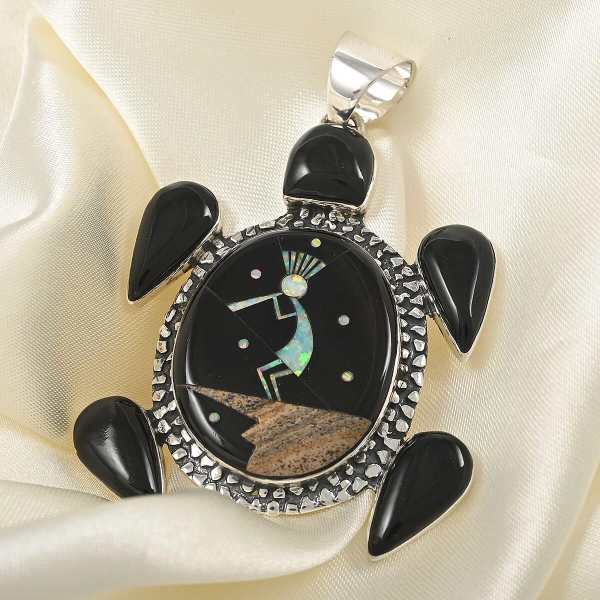 Santa Fe Style Black Onyx, Multi Gemstone Turtle Pendant without Chain with Kokopelli in Sterling Silver 5.00 ctw image number 1