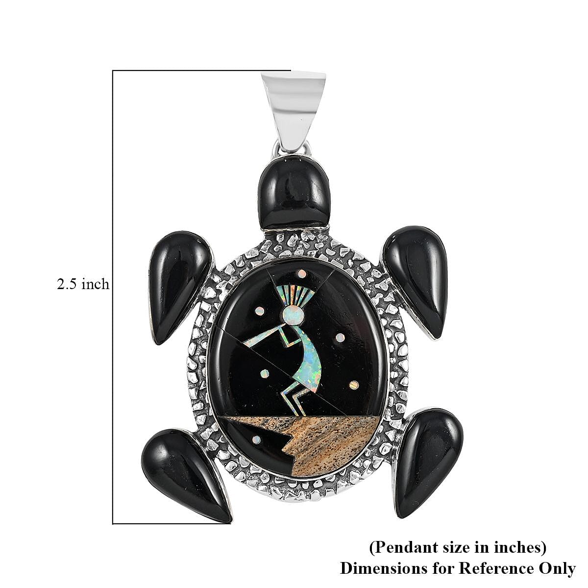 Santa Fe Style Black Onyx, Multi Gemstone Turtle Pendant without Chain with Kokopelli in Sterling Silver 5.00 ctw image number 3