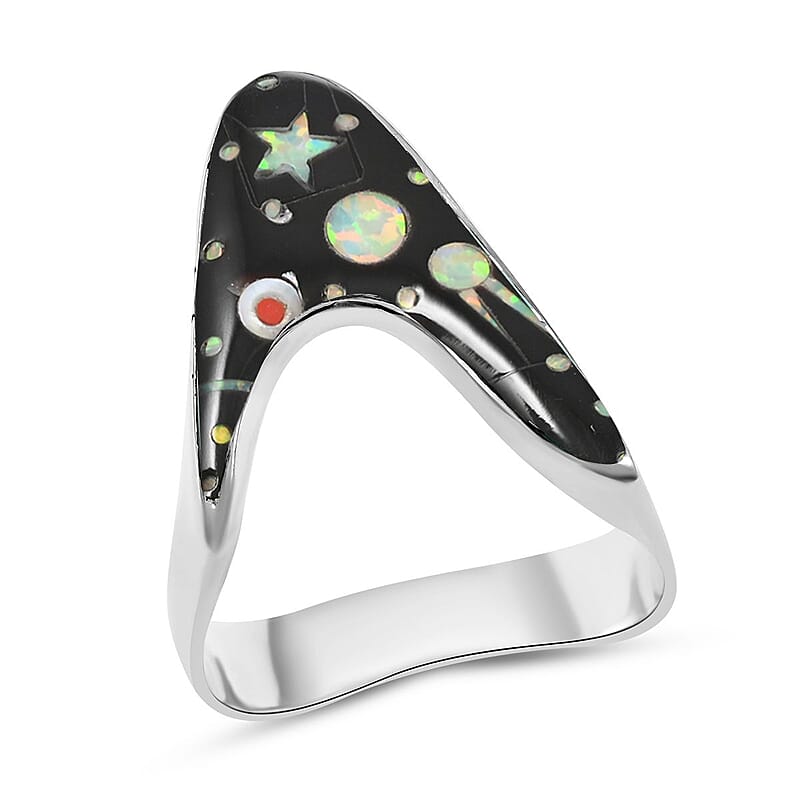 Santa Fe Style Multi Gemstone Asymmetrical Ring in Sterling Silver (Size 10.0)