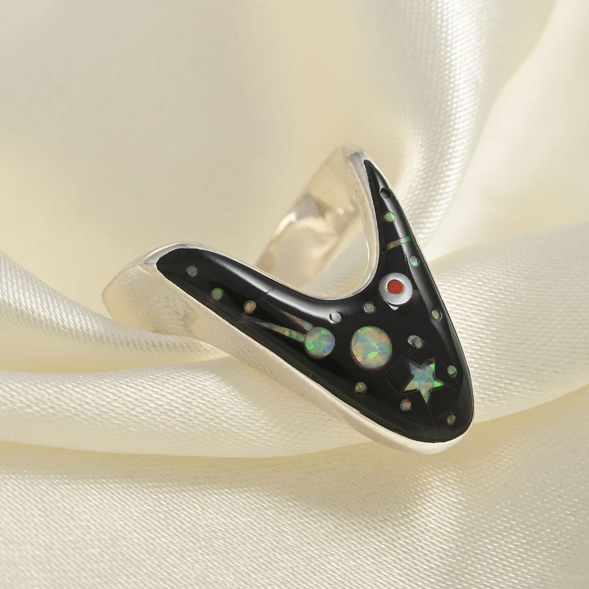 Santa Fe Style Multi Gemstone Asymmetrical Ring in Sterling Silver (Size 9.0) image number 1