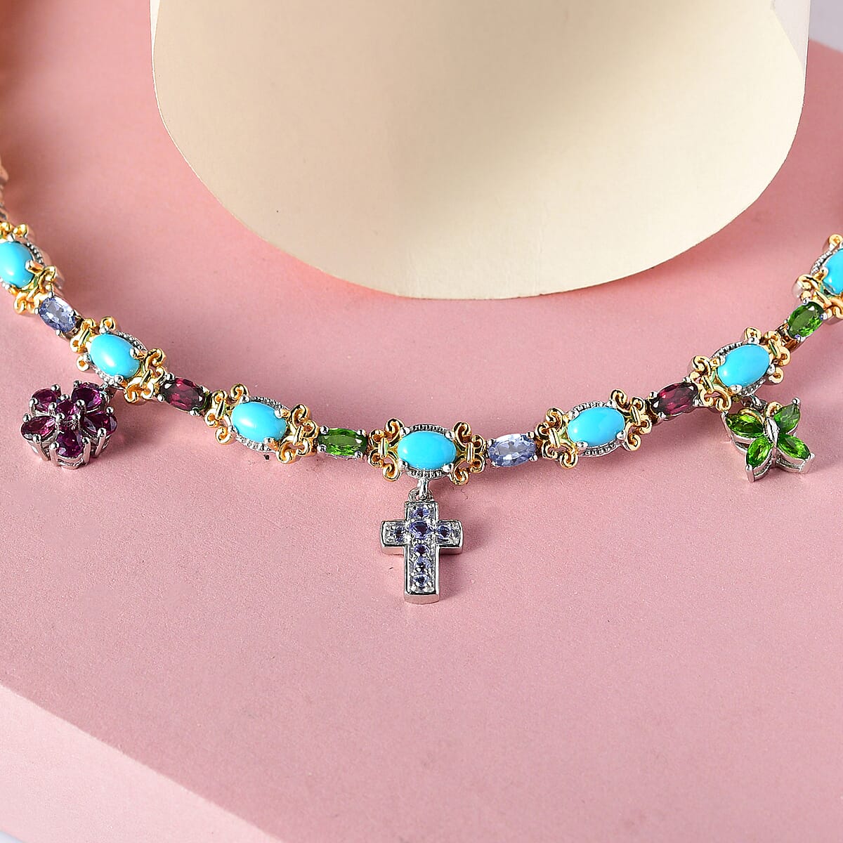 AMERICAN Natural Sleeping Beauty Turquoise, Multi Gemstone Bracelet with Charm in Vermeil YG and Platinum Over Sterling Silver (7.25 In) 16.90 Grams 8.50 ctw image number 1