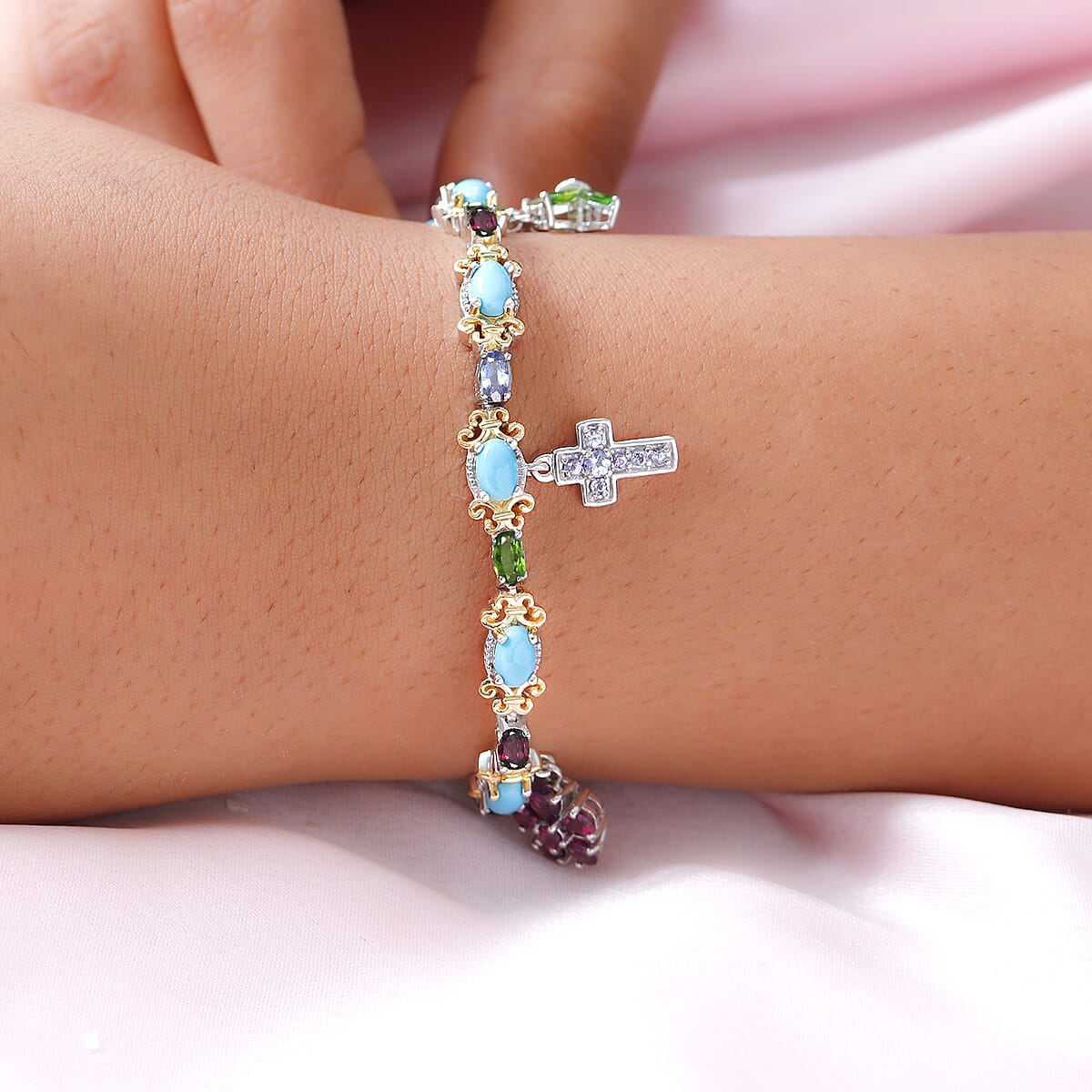 AMERICAN Natural Sleeping Beauty Turquoise, Multi Gemstone Bracelet with Charm in Vermeil YG and Platinum Over Sterling Silver (7.25 In) 16.90 Grams 8.50 ctw image number 2