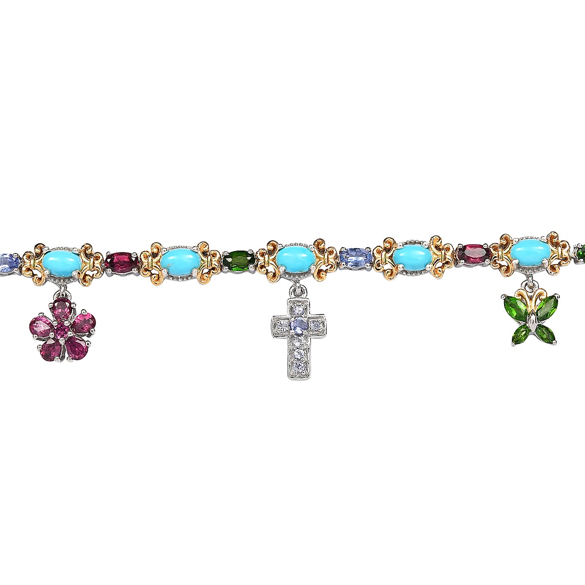 AMERICAN Natural Sleeping Beauty Turquoise, Multi Gemstone Bracelet with Charm in Vermeil YG and Platinum Over Sterling Silver (7.25 In) 16.90 Grams 8.50 ctw image number 3