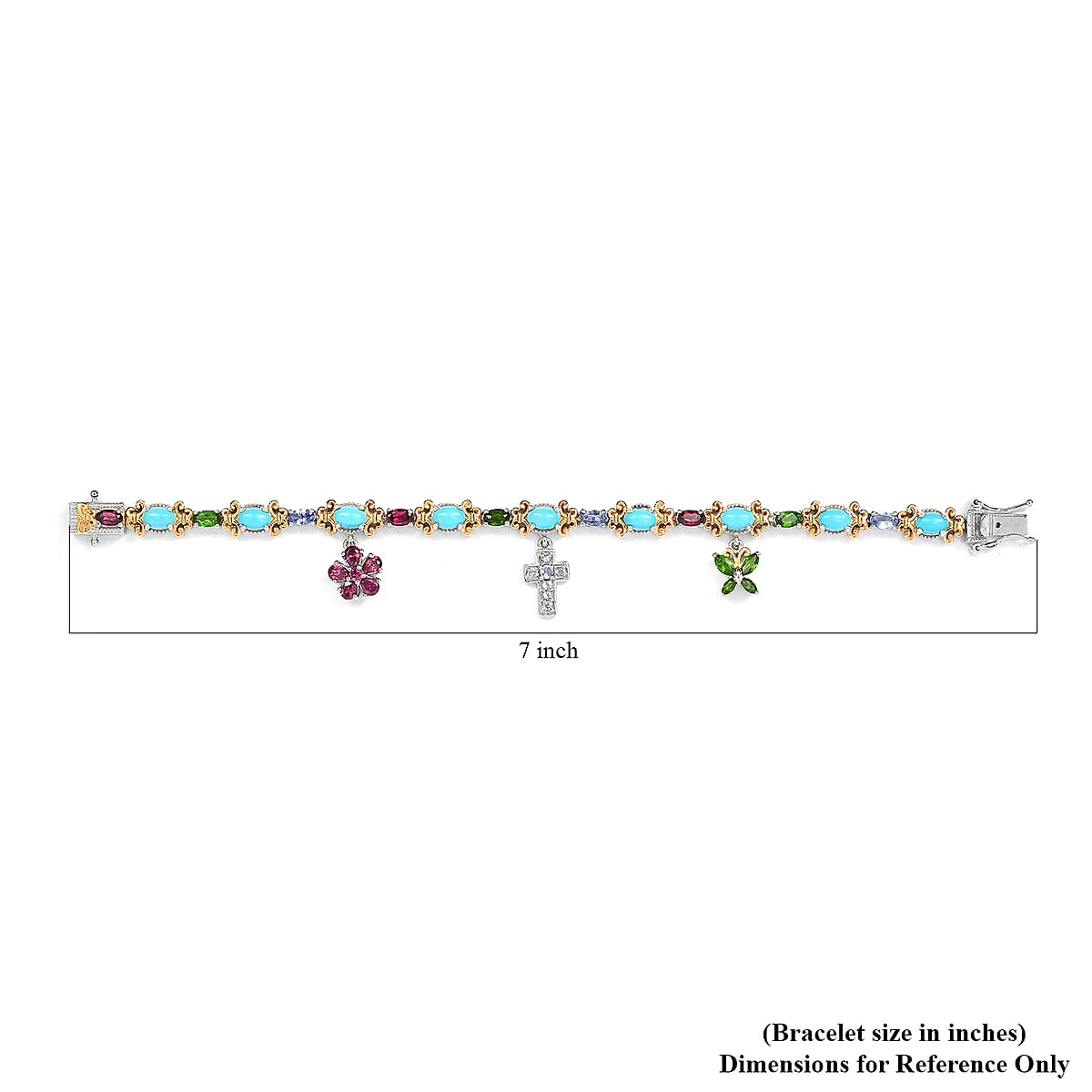 AMERICAN Natural Sleeping Beauty Turquoise, Multi Gemstone Bracelet with Charm in Vermeil YG and Platinum Over Sterling Silver (7.25 In) 16.90 Grams 8.50 ctw image number 5
