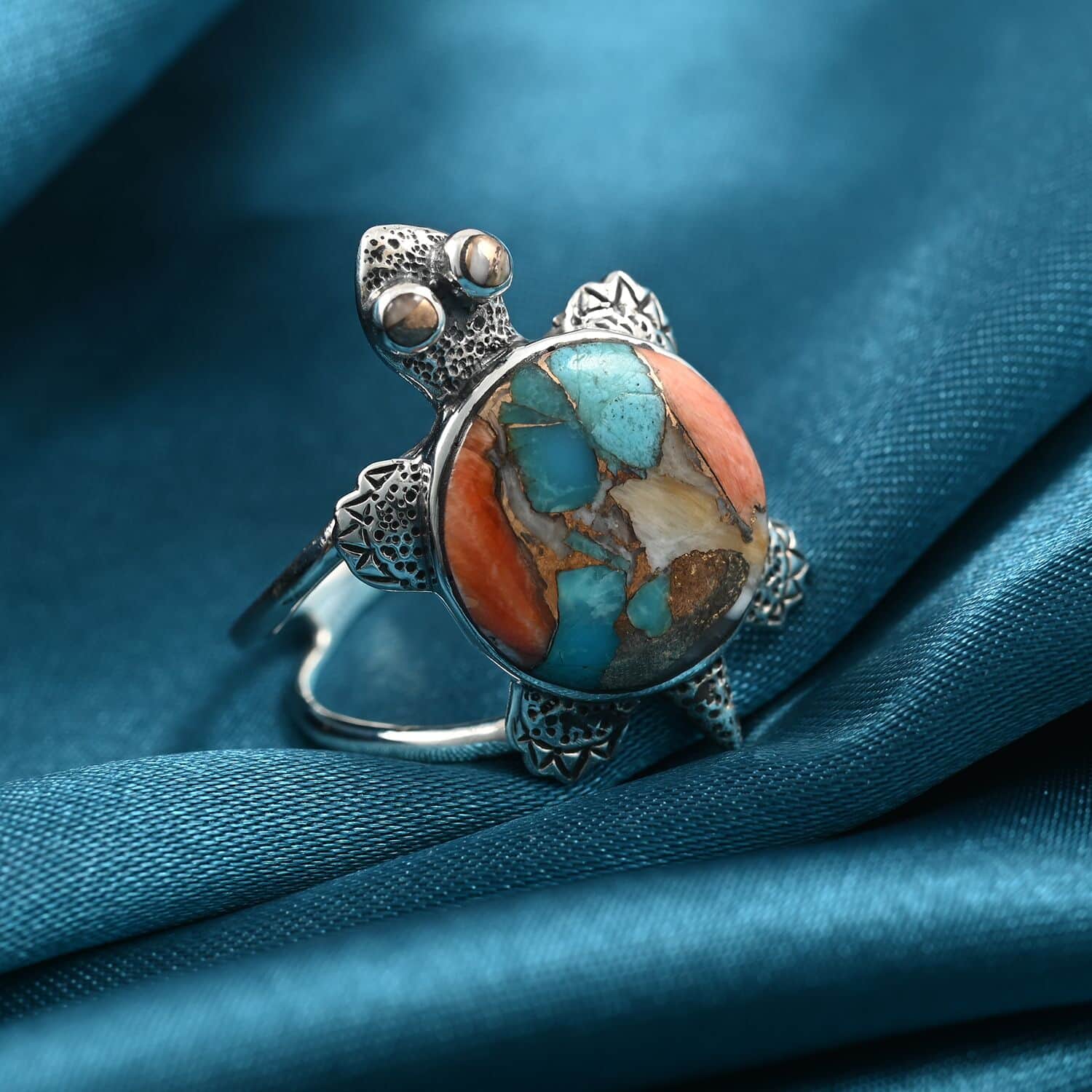 SANTA FE Style Turquoise, Multi Gemstone Turtle Ring in on sale Sterling Silver