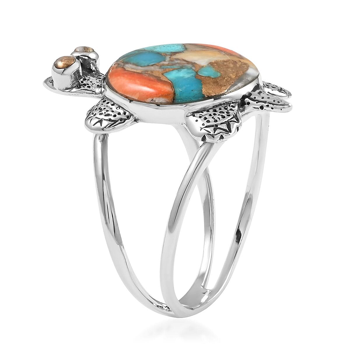Santa Fe Style Spiny Turquoise Turtle Ring in Sterling Silver (Size 8.0) 1.25 ctw image number 3