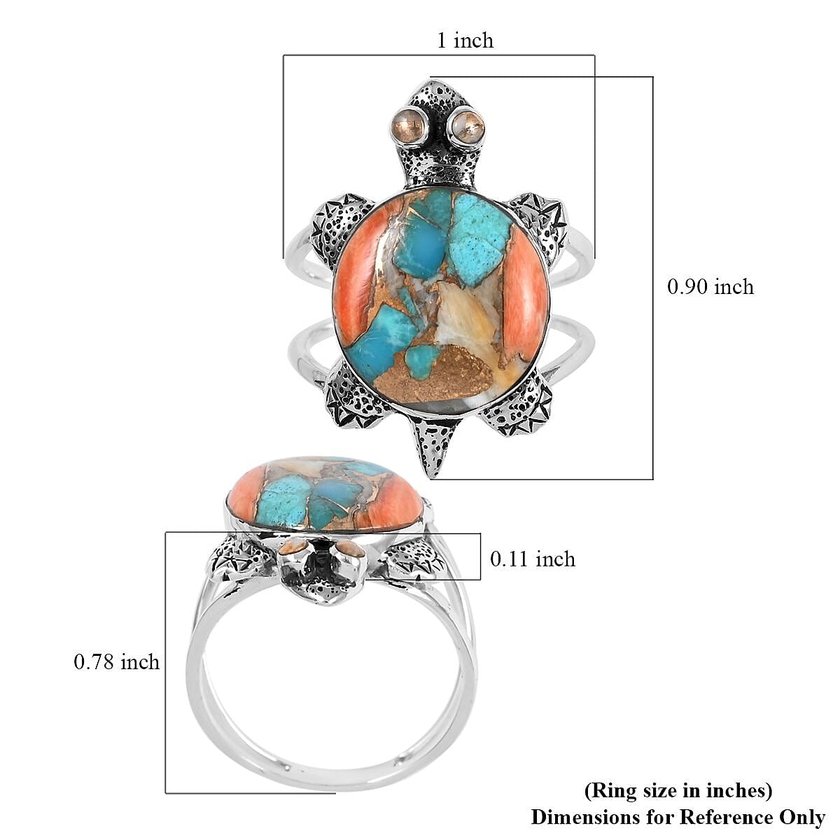 Santa Fe Style Spiny Turquoise Turtle Ring in Sterling Silver (Size 8.0) 1.25 ctw image number 4
