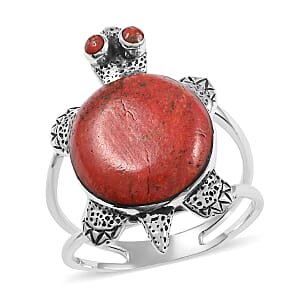 Santa Fe Style Red Coral Turtle Ring in Sterling Silver (Size 7.0)