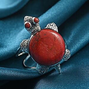 Santa Fe Style Red Coral Turtle Ring in Sterling Silver (Size 7.0)