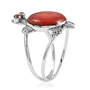 Santa Fe Style Red Coral Turtle Ring in Sterling Silver (Size 7.0)