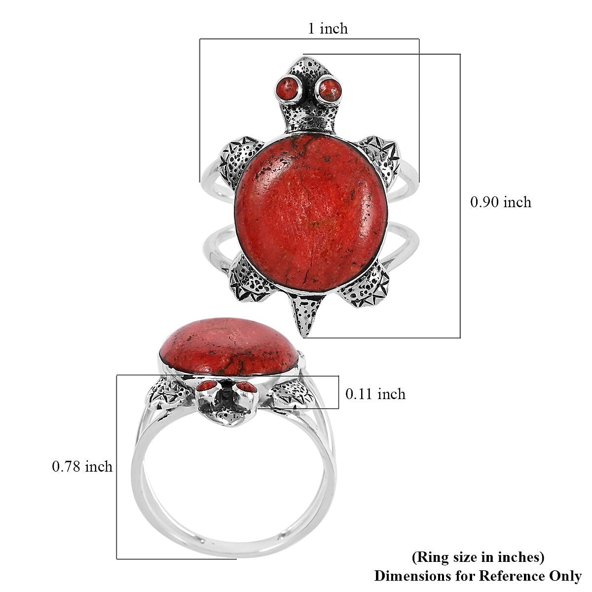 Santa Fe Style Red Coral Turtle Ring in Sterling Silver (Size 7.0) image number 4