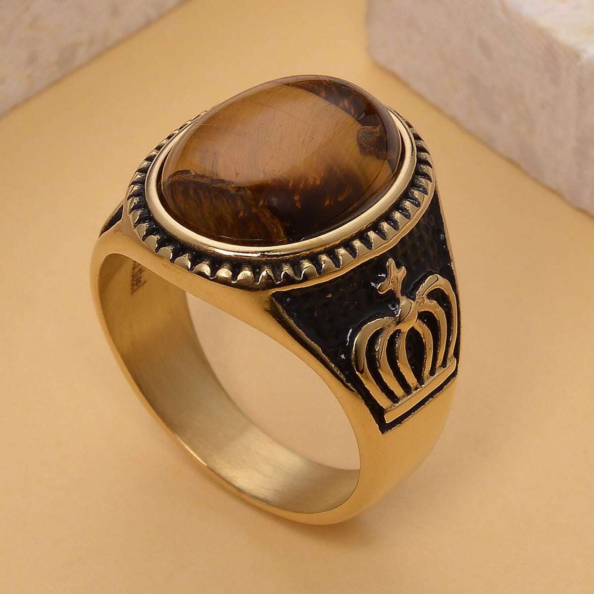 Yellow Tiger's Eye Ring in Black Oxidized and ION Plated YG Stainless Steel (Size 7.0) 10.00 ctw image number 1