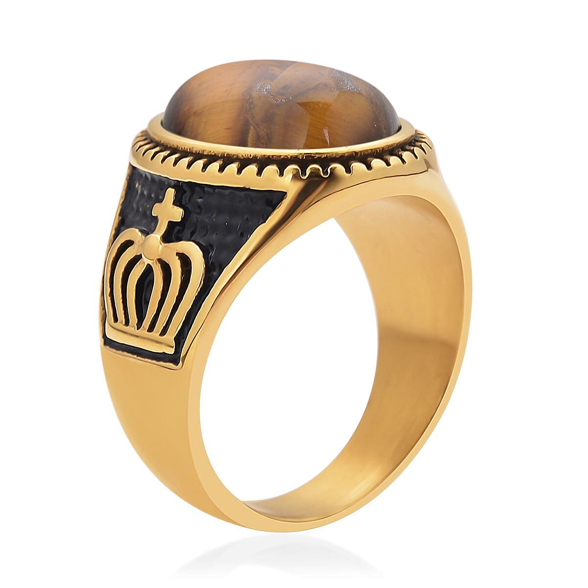 Yellow Tiger's Eye Ring in Black Oxidized and ION Plated YG Stainless Steel (Size 7.0) 10.00 ctw image number 3