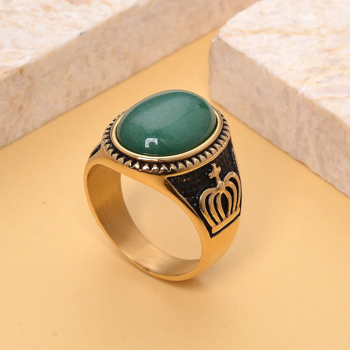 Green Aventurine Ring in Black Oxidized and ION Plated YG Stainless Steel (Size 9.0) 10.00 ctw image number 1