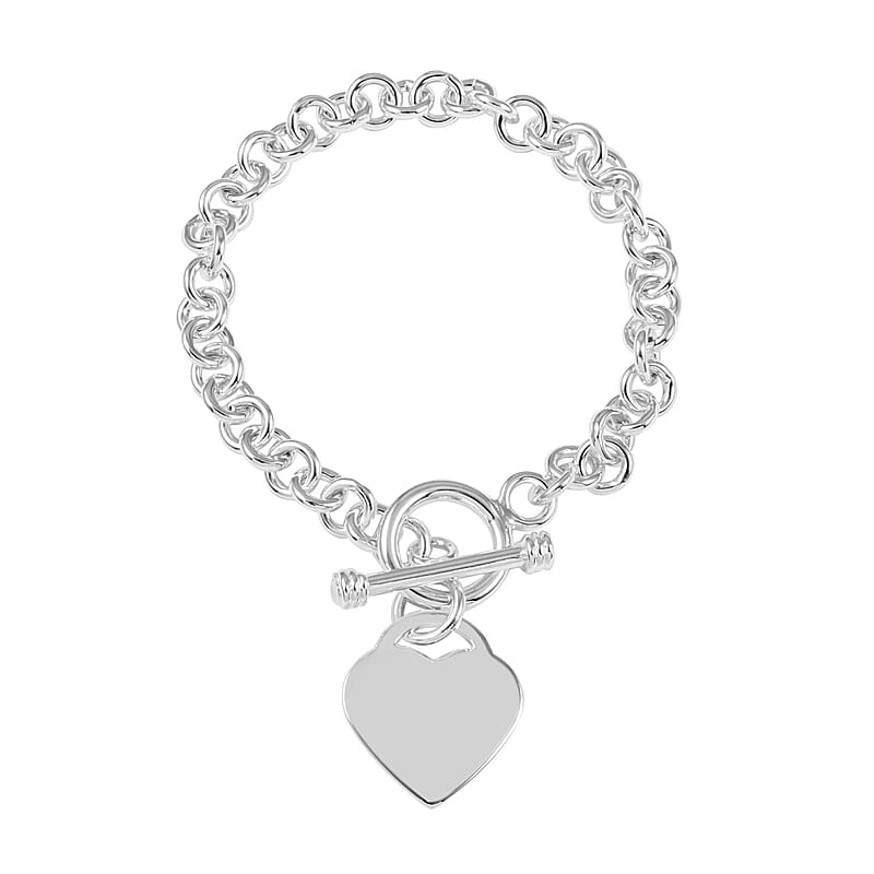 Curb Chain Toggle Lock Bracelet with Heart Charm in Silvertone (7.50 In)