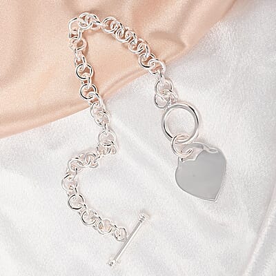 Curb Chain Toggle Lock Bracelet with Heart Charm in Silvertone (7.50 In)