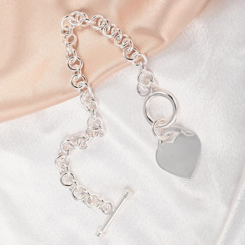 Curb Chain Toggle Lock Bracelet with Heart Charm in Silvertone (7.50 In)