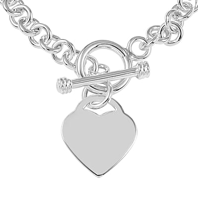 Curb Chain Toggle Lock Bracelet with Heart Charm in Silvertone (7.50 In)