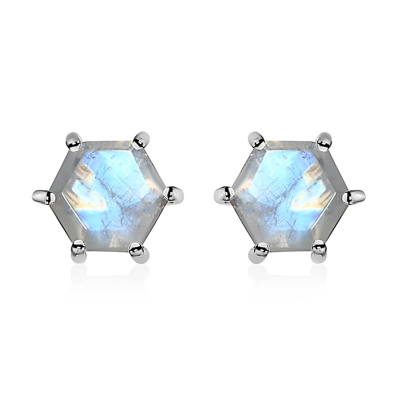 Rainbow Moonstone Solitaire Stud Earrings in Platinum Over Sterling Silver 2.30 ctw