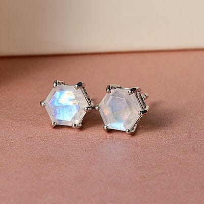 Rainbow Moonstone Solitaire Stud Earrings in Platinum Over Sterling Silver 2.30 ctw