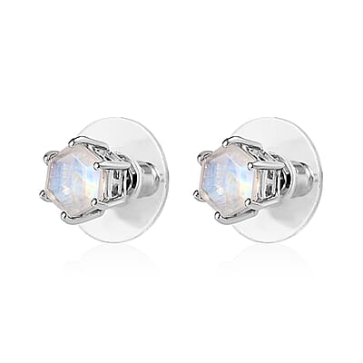 Rainbow Moonstone Solitaire Stud Earrings in Platinum Over Sterling Silver 2.30 ctw