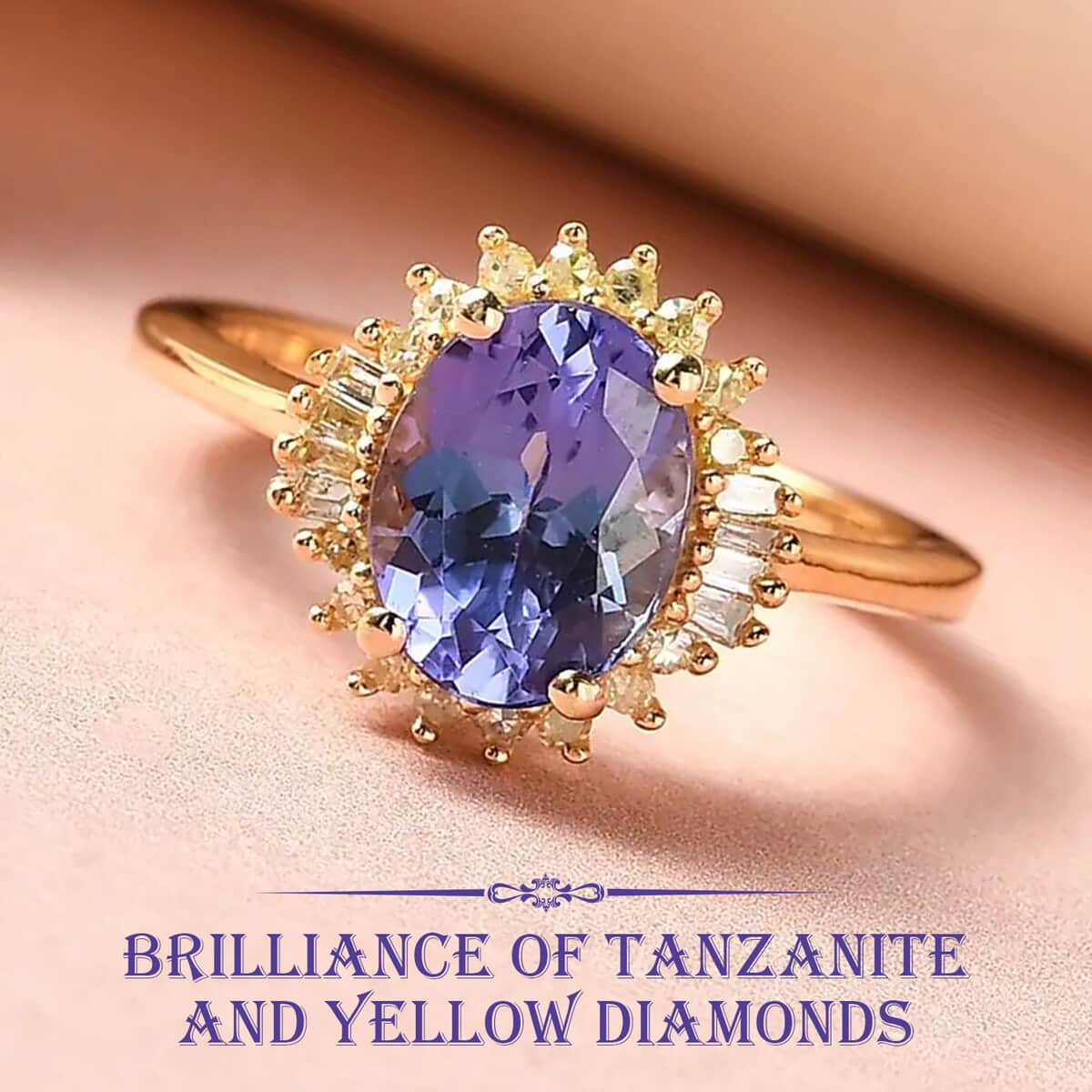 Tanzanite, Natural Yellow Diamond Ring in Vermeil YG Over Sterling Silver, Sunburst Engagement Ring For Women 1.75 ctw (Size 10.0) image number 1