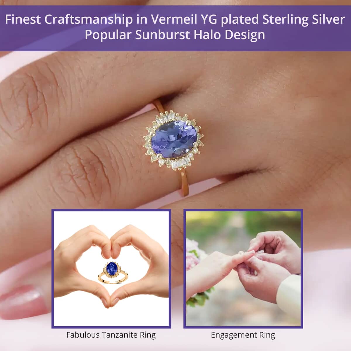 Tanzanite, Natural Yellow Diamond Ring in Vermeil YG Over Sterling Silver, Sunburst Engagement Ring For Women 1.75 ctw image number 2