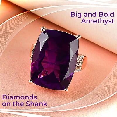Amethyst, Natural Champagne and White Diamond Ring in Vermeil Rose Gold Over Sterling Silver, Statement Rings For Women 19.10 ctw (Size 10.0)