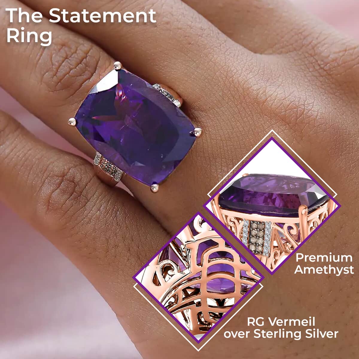 Amethyst, Natural Champagne and White Diamond Ring in Vermeil Rose Gold Over Sterling Silver, Statement Rings For Women 19.10 ctw (Size 10.0) image number 2