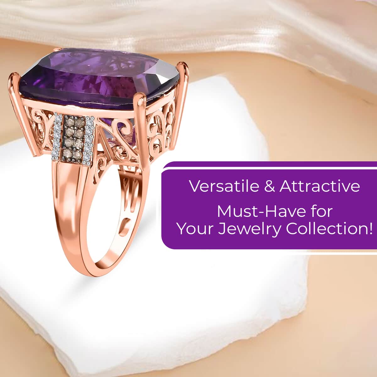 Amethyst, Natural Champagne and White Diamond Ring in Vermeil Rose Gold Over Sterling Silver, Statement Rings For Women 19.10 ctw (Size 10.0) image number 3