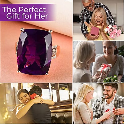 Amethyst, Natural Champagne and White Diamond Ring in Vermeil Rose Gold Over Sterling Silver, Statement Rings For Women 19.10 ctw (Size 10.0)