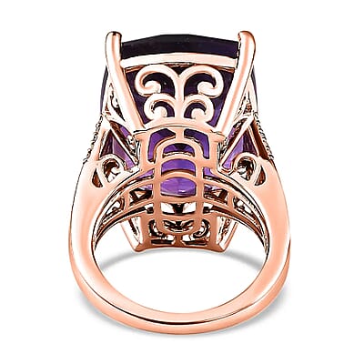 Amethyst, Natural Champagne and White Diamond Ring in Vermeil Rose Gold Over Sterling Silver, Statement Rings For Women 19.10 ctw (Size 10.0)