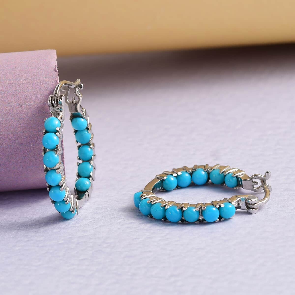 AMERICAN Natural Sleeping Beauty Turquoise Inside Out Hoop Earrings in Stainless Steel 2.25 ctw image number 1