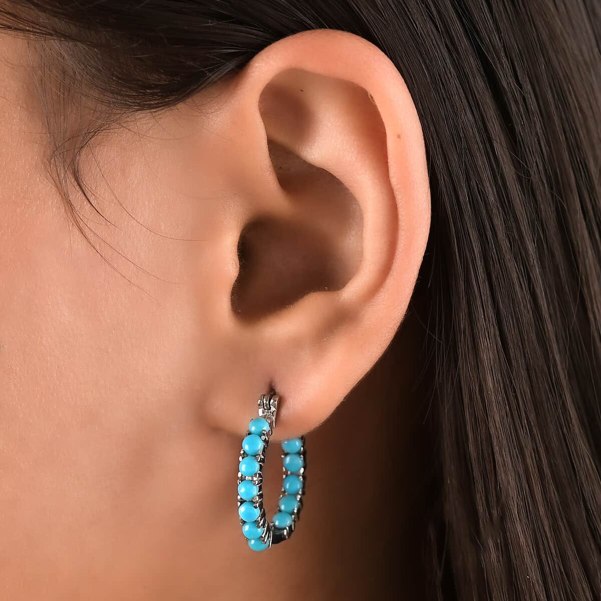 AMERICAN Natural Sleeping Beauty Turquoise Inside Out Hoop Earrings in Stainless Steel 2.25 ctw image number 2