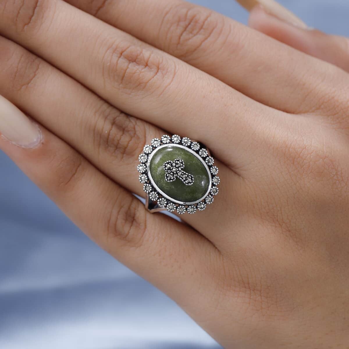 Connemara Marble and Swiss Marcasite Ring in Sterling Silver 7.65 ctw (Delivery in 3-5 Business Days) image number 2