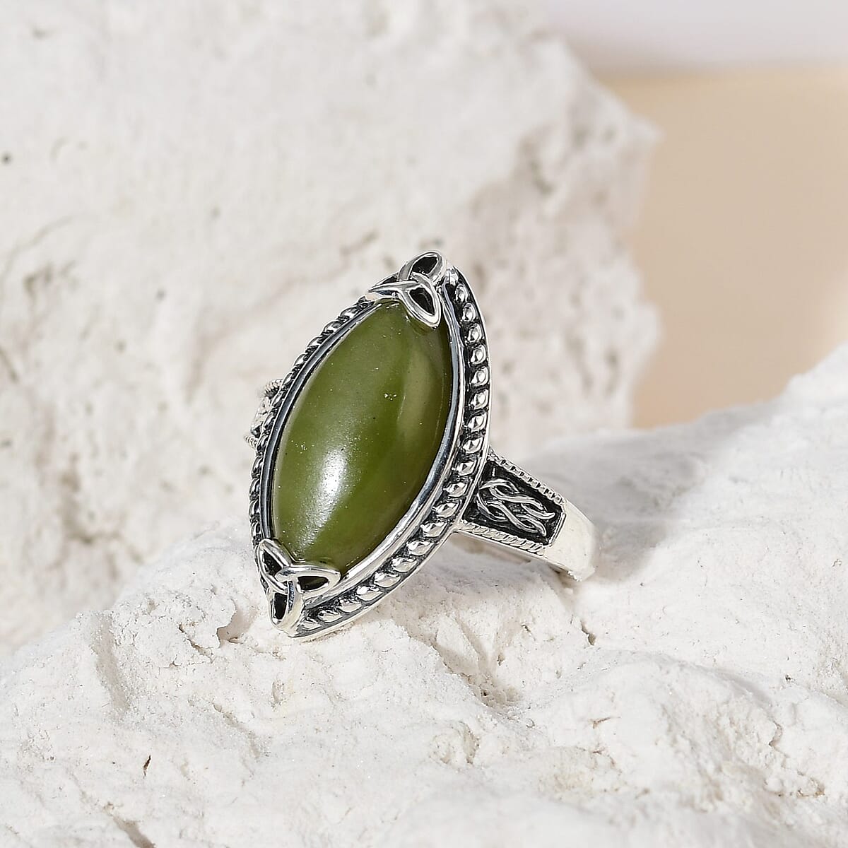 Connemara Marble Trinity Ireland Celtic Knot Ring in Black Oxidized Sterling Silver (Size 9.0) 5.65 ctw image number 1