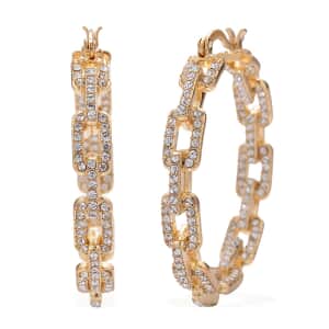 White Austrian Crystal Paper Clip Chain Hoop Earrings in Goldtone