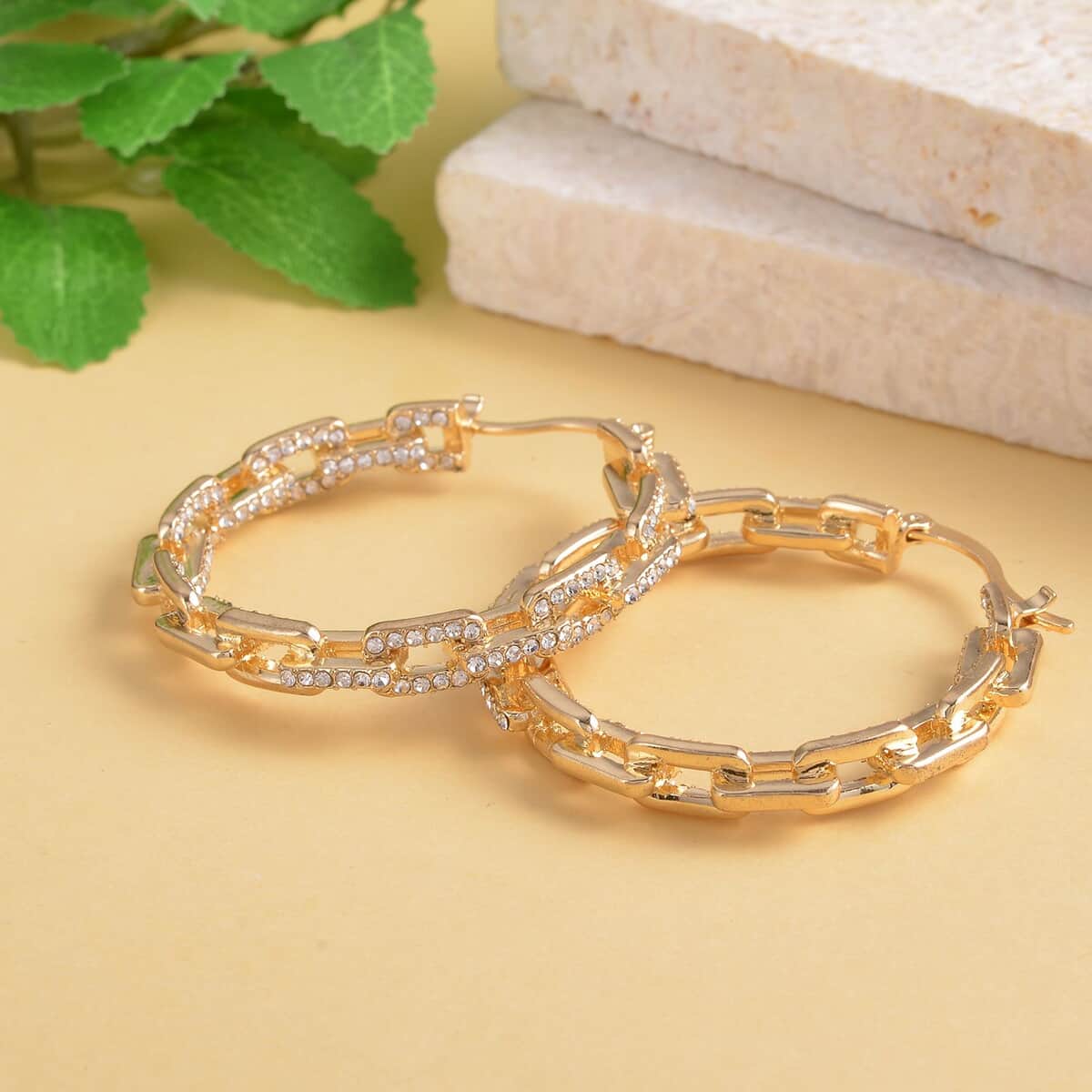 White Austrian Crystal Paper Clip Chain Hoop Earrings in Goldtone image number 1