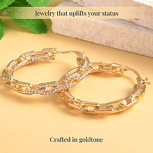 White Austrian Crystal Paper Clip Chain Hoop Earrings in Goldtone