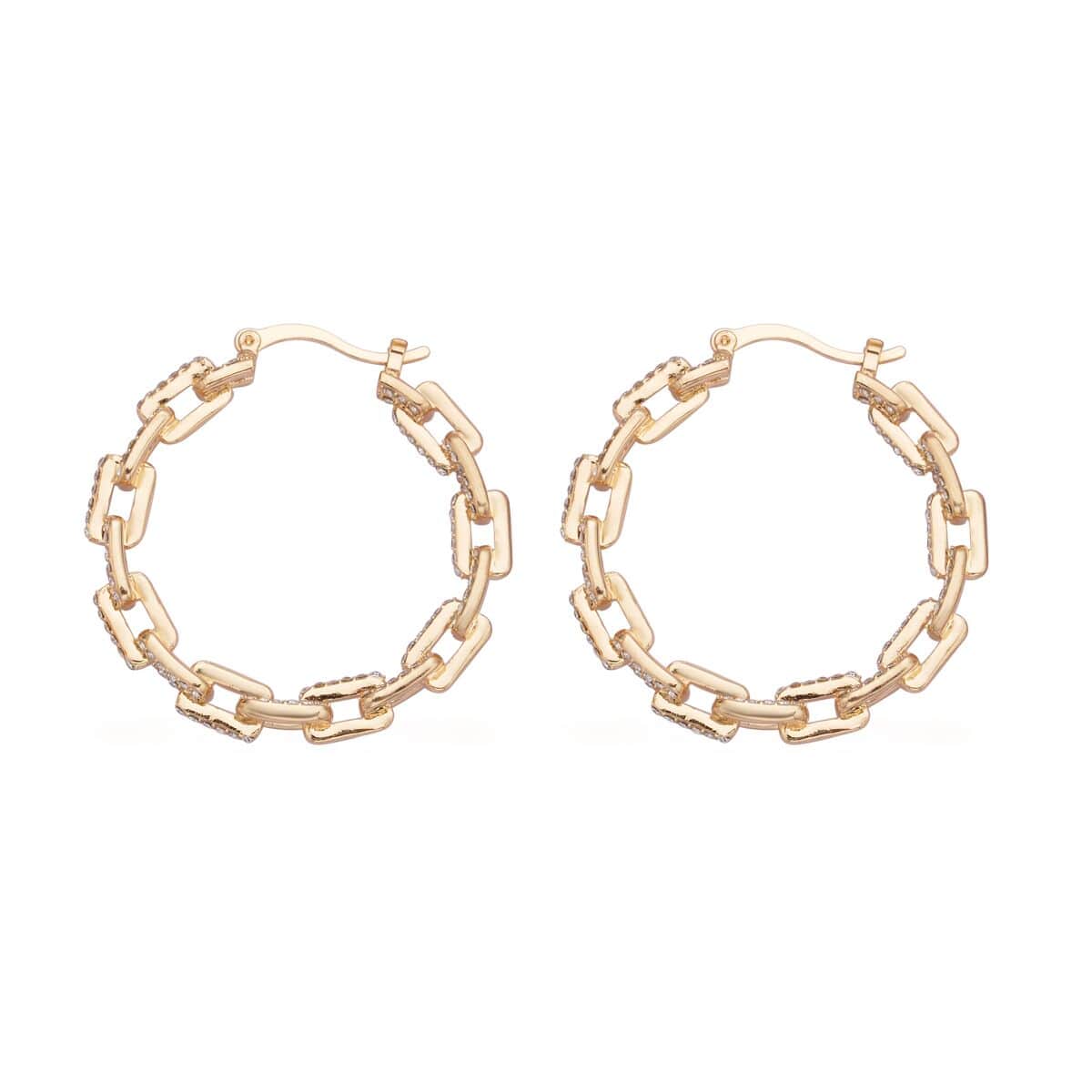 White Austrian Crystal Paper Clip Chain Hoop Earrings in Goldtone image number 3