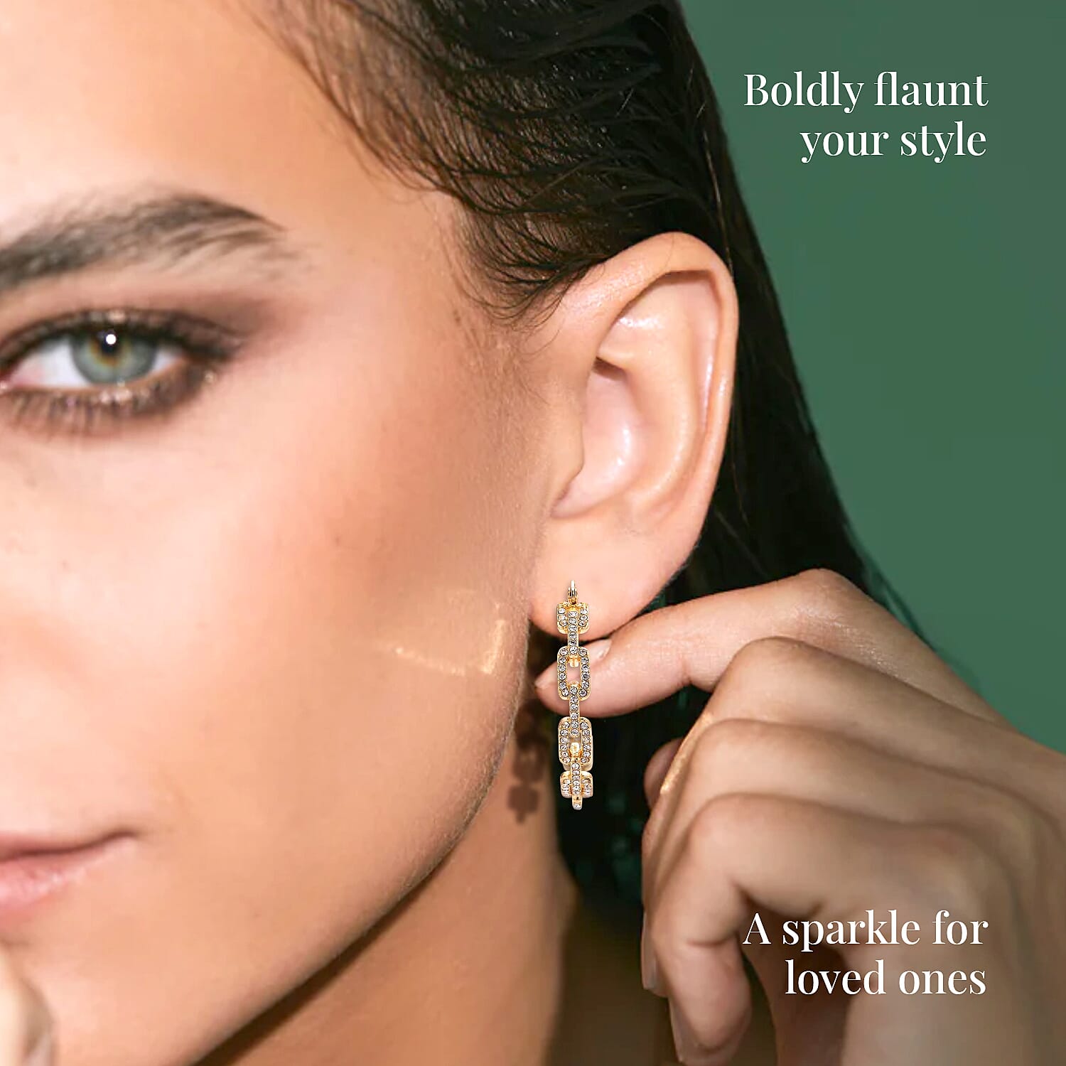 White Austrian Crystal Paper Clip Chain Hoop Earrings in Goldtone