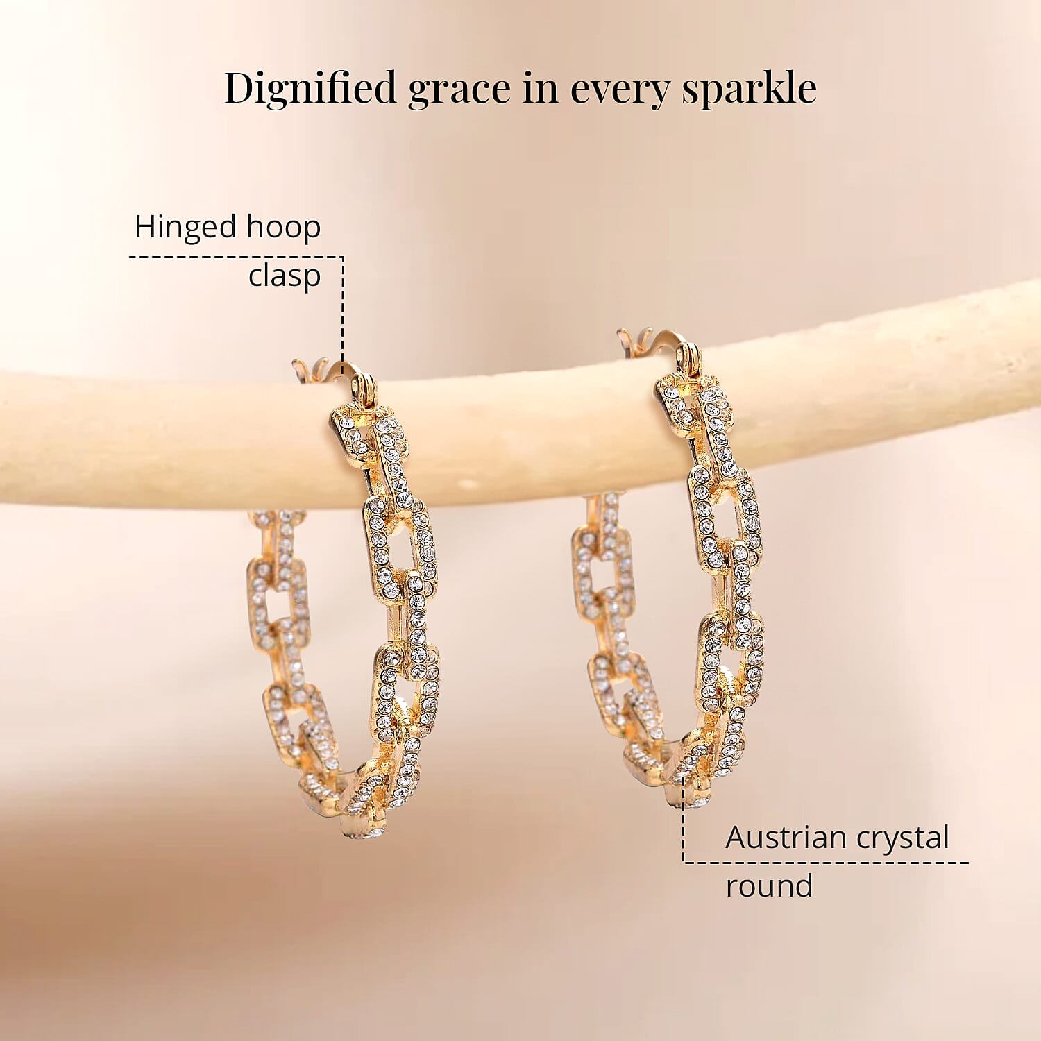 White Austrian Crystal Paper Clip Chain Hoop Earrings in Goldtone