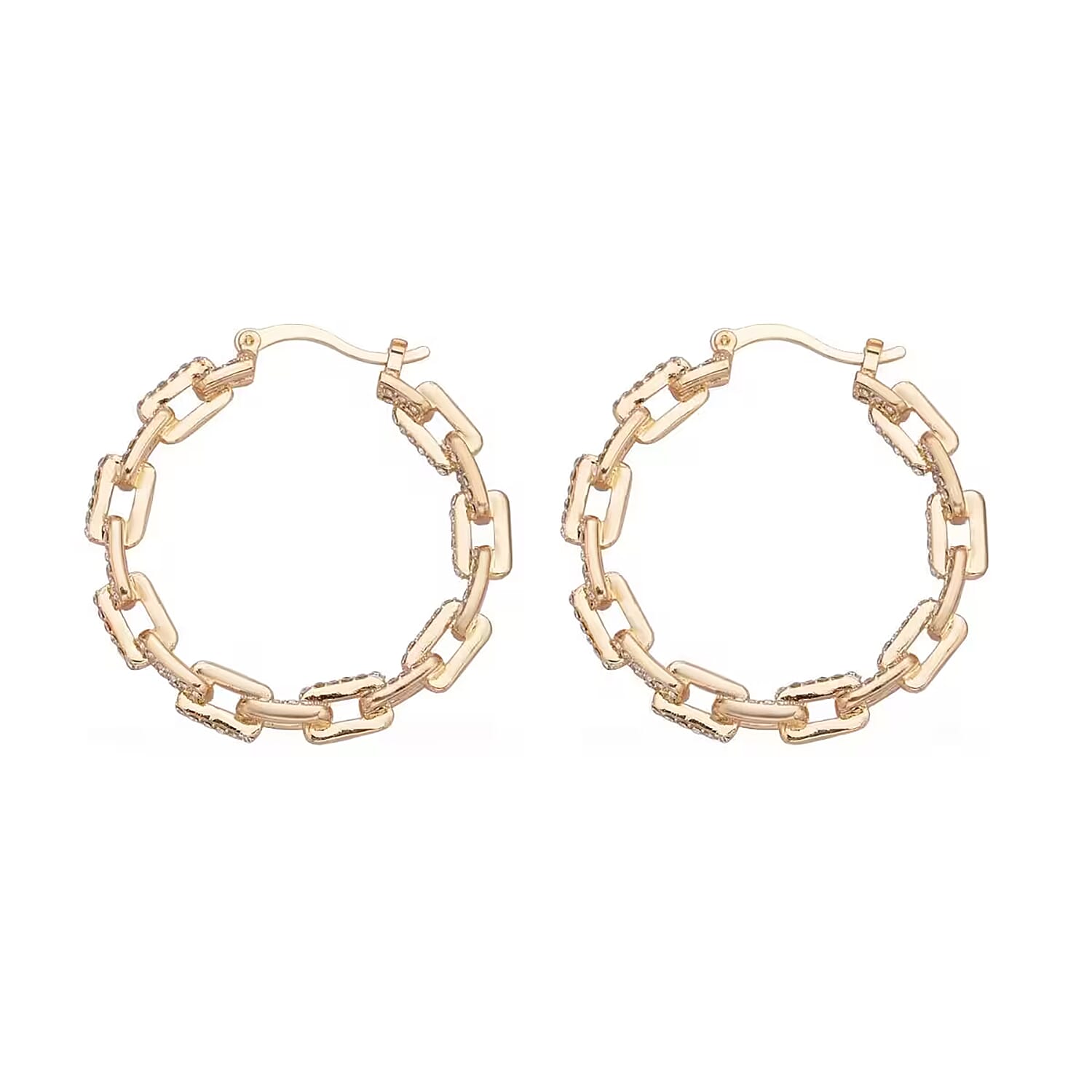 White Austrian Crystal Paper Clip Chain Hoop Earrings in Goldtone
