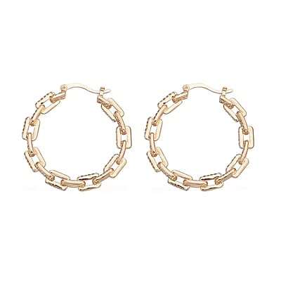 White Austrian Crystal Paper Clip Chain Hoop Earrings in Goldtone