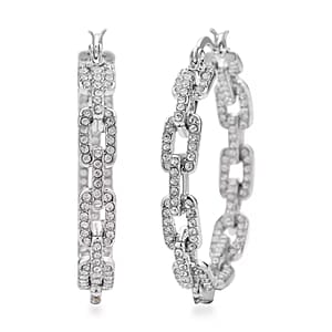 White Austrian Crystal Paper Clip Chain Hoop Earrings in Silvertone