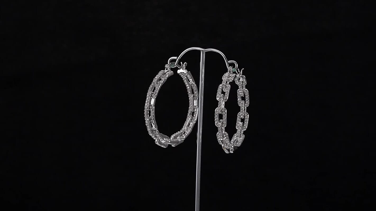 White Austrian Crystal Paper Clip Chain Hoop Earrings in Goldtone