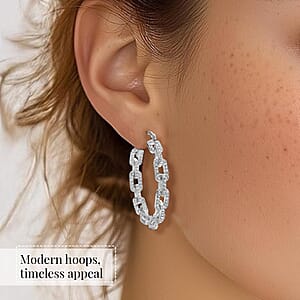 White Austrian Crystal Paper Clip Chain Hoop Earrings in Silvertone