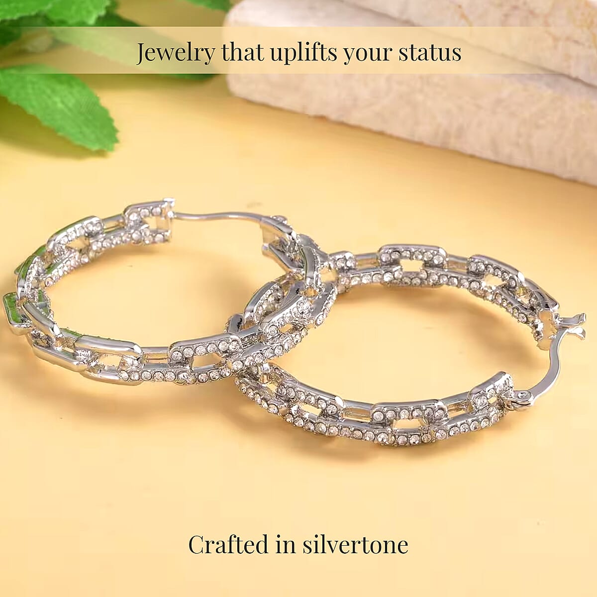 Doorbuster White Austrian Crystal Paper Clip Chain Hoop Earrings in Silvertone image number 2